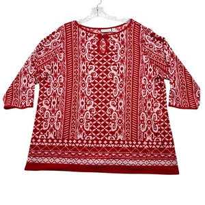 Susan Graver Liquid Knit Top Bold Red Print Keyhole Front Travel Comfort Size 1X - Picture 1 of 10