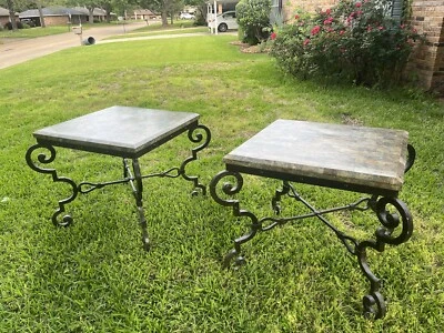 Pair Of Wrought Iron Faux Granite Top End Tables - Image 1 of 4