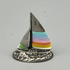 VTG Pewter Image Rainbow Sailboat Figurine Colorful Sails nautical waves RARE - Foto 1 di 8