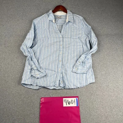 Camisa Tommy Bahama feminina grande linho azul listrada branca praia casual feminina - Imagem 1 de 4