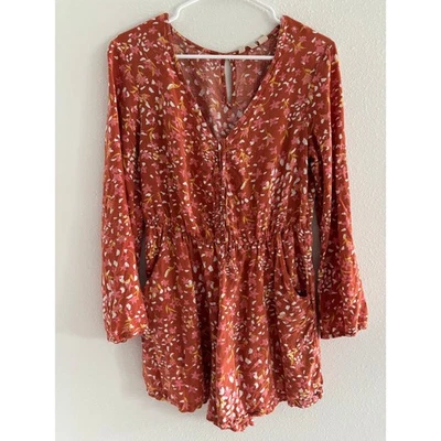 Roxy Romper Womens Size Large Rust Floral Boho Festival Ruffle Beachy Coastal - Image 1 of 4