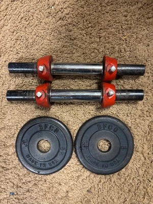 "Placas de peso de pesas BFCO EE. UU. vintage de los años 50 mancuernas 2 x 2,5 libras 1""" Foto 1 de 2
