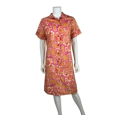 Vestido de cachemira vintage años 60 para mujer grande rosa amarillo estampado algodón cambio de día genial Foto 1 de 4