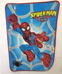 VTG SPIDERMAN & FRIENDS Baby Blanket Blue Red Luxe Fleece Throw Spider 30 x 43 - Picture 1 of 13