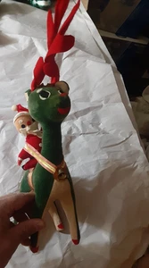 Vintage Dream Dolls Plush Santa Riding Green Felt Reindeer Sleigh Bell Decor 13" - Picture 1 of 7