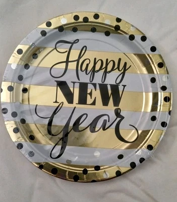 AMSCAN CLEARANCE New Year Party Plates White Gold Black Dessert Buffet Plate 18cm