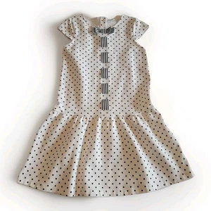 Janie and Jack Drop Waist Dress Girls Size 8 Bow Ponte White w/ Black Polka Dot - Picture 1 of 8