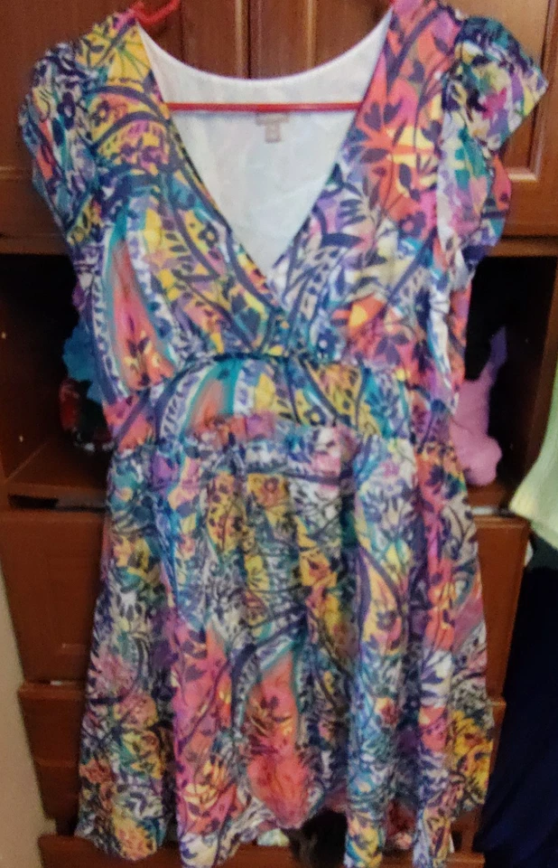 Vestido recto halógeno blanco floral de verano mangas gorra mediano RN#58565 100 % seda Foto 1 de 4