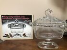Vintage Indiana Clear Glass Pedestal Open Lace Oblong Candy Dish &amp; Lid USA - BOX