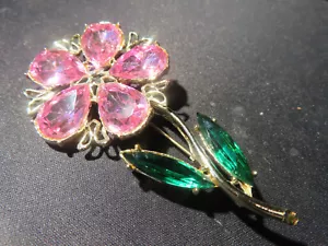 Vintage signed DOBBS Large PINK Flower Rhinestone Brooch Pin - Picture 1 of 3