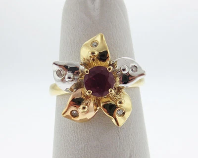 Plumeria Flower Natural Ruby Diamonds Solid 18k Tri-Color Gold Ring FREE Sizing - Image 1 of 4