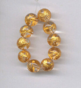 TEN (10) CARVED 10 KT. GOLD PLATED CRYSTAL QUARTZ 8MM DRAGON BEADS - 4024