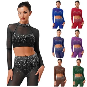 Womens Top Contemporary Dancewear Shows Crop Tops Competition Rhinestone Latin - Picture 1 of 96