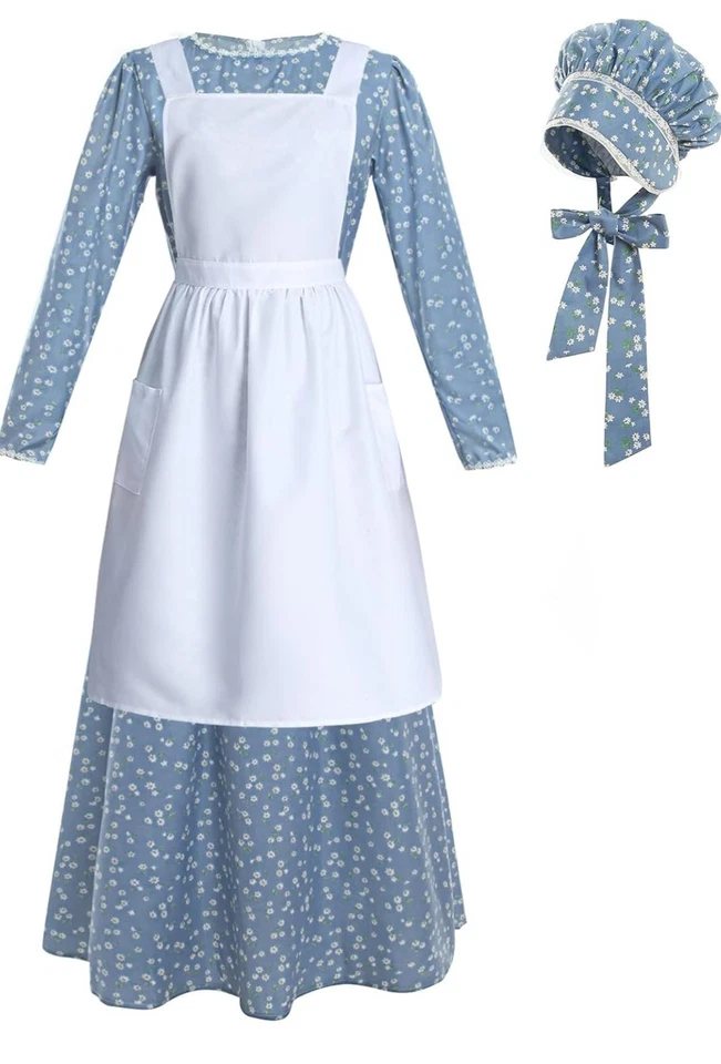 Women Pioneer Costume Floral Dress With Apron & Hat Old Fashioned ( S ) (Blue) - Image 1 of 4