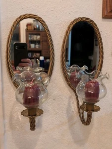 Vintage Paar gedrehtes Seil verspiegelte Wandleuchter Kerzenhalter MCM Hollywood Regency Gold - Bild 1 von 9