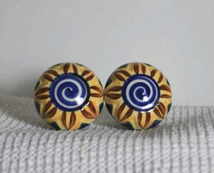 2 mexikanische handbemalte blau Blumen weiß Keramik Kommode Schrank Hardware Knöpfe - Bild 1 von 8