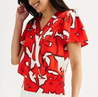 Blusa mediana para mujer Nine West Top floral mangas acampanadas cuello en V roja y blanca Foto 1 de 4