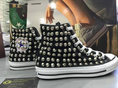 Converse Nere alte Borchiate borchie argento full Star Clean Teschi Skulls - Immagine 1 di 3
