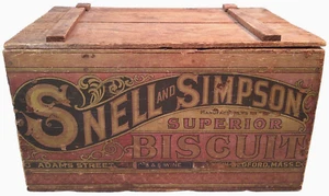 SNELL & SIMPSON KEKSE NEU BEDFORD MA LT 19. C PAPIER LBLD WD BOX KISTEN, MIT DECKEL - Bild 1 von 15