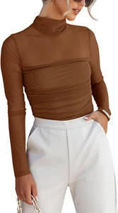 Women’S Trendy Sexy Mock Turtle Neck Long Sleeve Sheer Mesh Ruched Going Out Bod - Picture 1 of 5
