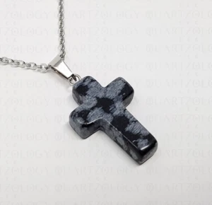 Crucifix Necklace Snowflake Obsidian Quartz Healing Stone Cross Chakra Reiki - Picture 1 of 2
