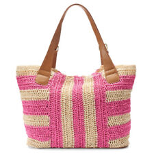 Sonoma Large Pink Beige Tan Striped Woven Beach Shoulder Tote Bag Purse