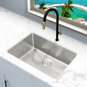 KBFmore 27" 18 G Tight Radius T304 Undermount Single Bowl Kitchen Sink - Picture 1 of 9