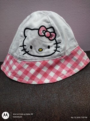 Sanrio HELLO KITTY SUN HAT White Pink Checkered Gingham Brim Osfm Baby Toddler  - Image 1 of 4