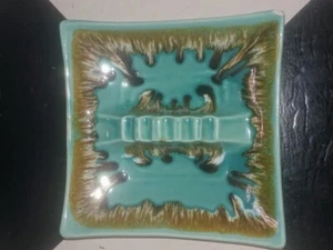 VINTAGE HUGE MOD CERAMIC ASHTRAY TURQUOISE & BROWN SWIRL GLAZE MADE IN USA - Picture 1 of 10