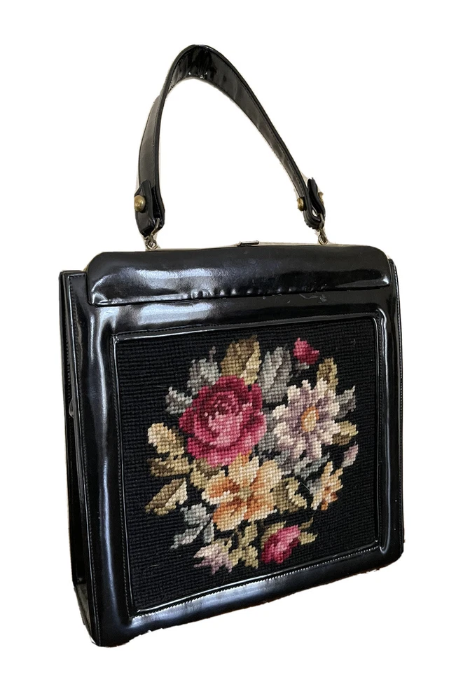 Bolsa caixa vintage anos 70 Rockabilly couro envernizado floral ponto cruz fecho beijo - Imagem 1 de 4