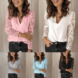 Womens V-Neck Blouse Shirt Sexy Lace Long Sleeve Tops Casual Office Summer S-5XL - Picture 1 of 14