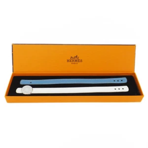 HERMES Cellier Looping Bracelet Blue Jean & White Leather 2 Straps Silver Metal - Picture 1 of 10