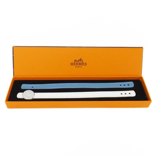 HERMÈS Bracciale HERMES Cellier ad anello jeans blu e pelle bianca 2 cinturini metallo argento