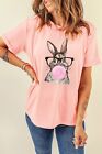 Bunny Rabbit Wearing Glasses T-Shirt Pink Round Neck Short Sleeve Women LRG, XL