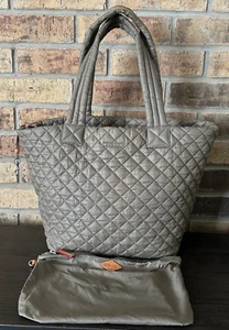 MZ WALLACE LARGE TOTE Khaki GRAY NYLON + DETACHABLE POUCH EUC - Picture 1 of 22