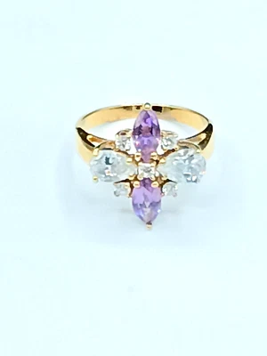 Maltese Cross CZ Purple Ring Size 7.5 Sterling Silver Gold Vermeil Korea Signed  - Image 1 of 4