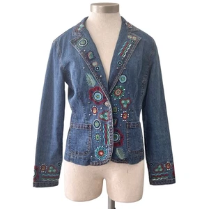 Chaqueta Ruby Rd Talla 6 Azul Denim Colorido Bordado Botón Frontal Boho Hippie En muy buena condición - Imagen 1 de 16