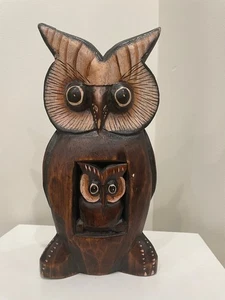 Vintage MCM Hand Carved Hand Painted Wooden Owl Sculpture With Baby Decorative - Bild 1 von 11