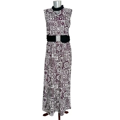 Antigo Vestido Maxi Hippie Boho Anos 60 Anos 70 Roxo/Branco Poli Minimalista Mod Azulejo Tamanho M/G - Imagem 1 de 4