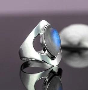 Stylish Marquise Rainbow Moonstone 925 Sterling Silver Gemstone Ring Gift Boxed - Picture 1 of 6