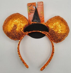 NUEVO Disney Orejas de Minnie Mouse Halloween Naranja Lentejuelas Bruja Sombrero Diadema - Imagen 1 de 3