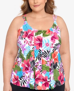 Swim Solutions WILD TROPICS Pleated-Front Double-Strap Tankini Swim Top, US 22W - Picture 1 of 3