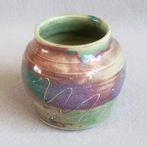 Knight Blue & Green Handmade Glazed Clay Pottery, 3" Tall, Signed - Picture 1 of 6