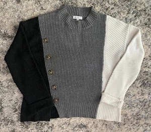 Keren Hart White Gray Black Knit Sweater Sz L Color Block - Picture 1 of 4