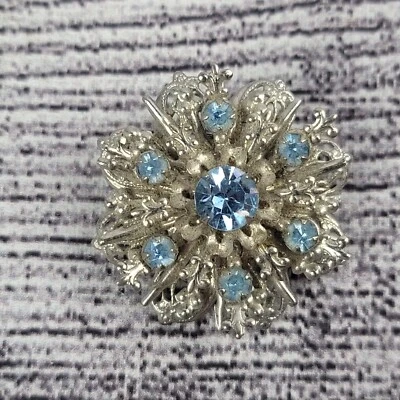 Brooch Pin Vintage Costume Jewelry Blue Gemstone Glass Rhinestone - Image 1 of 3