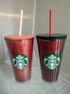 Set Of 2 Starbucks Cold Drink Green Pink Tumbler Cup Straw 16oz - Picture 1 of 3