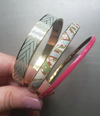 J Crew Pale Mint Aqua Green Pink Chevron Enamel Bangles Wide Goldtone Set of 3 - Image 1 of 4