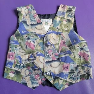 Boys Kids Vtg Dress Formal Vest Baseball Sports Print Black Kidco Approx Sz 4/5 - Picture 1 of 5