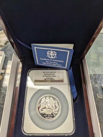 2013 S5A Isle of Man 5 oz. "Angel" High Relief NGC PF70 Ultra Cameo .999 Silver Cover