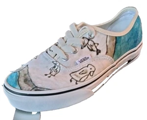 VANS Deck Shoes Penguins Drawing White & Blue Sneaker Boys 4 / Women 5.5 OOAK - Picture 1 of 10